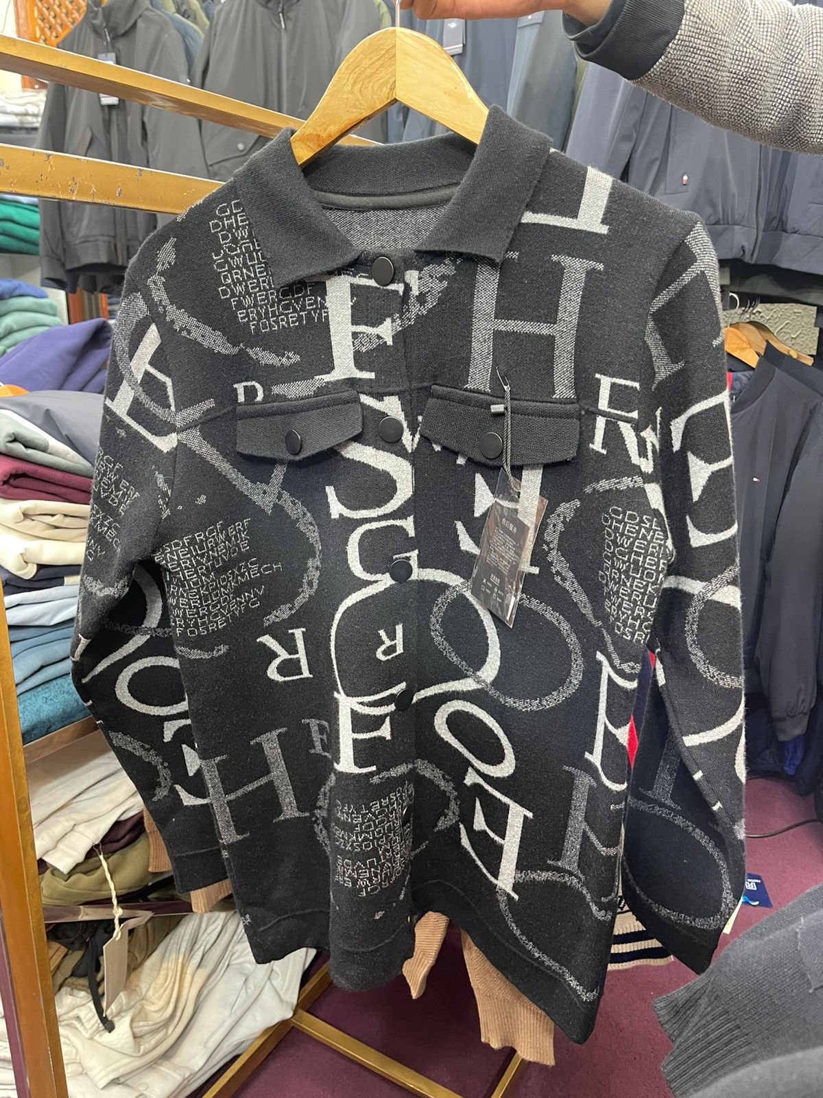 All-Over Printed Button Placket Black Jersey Sweater