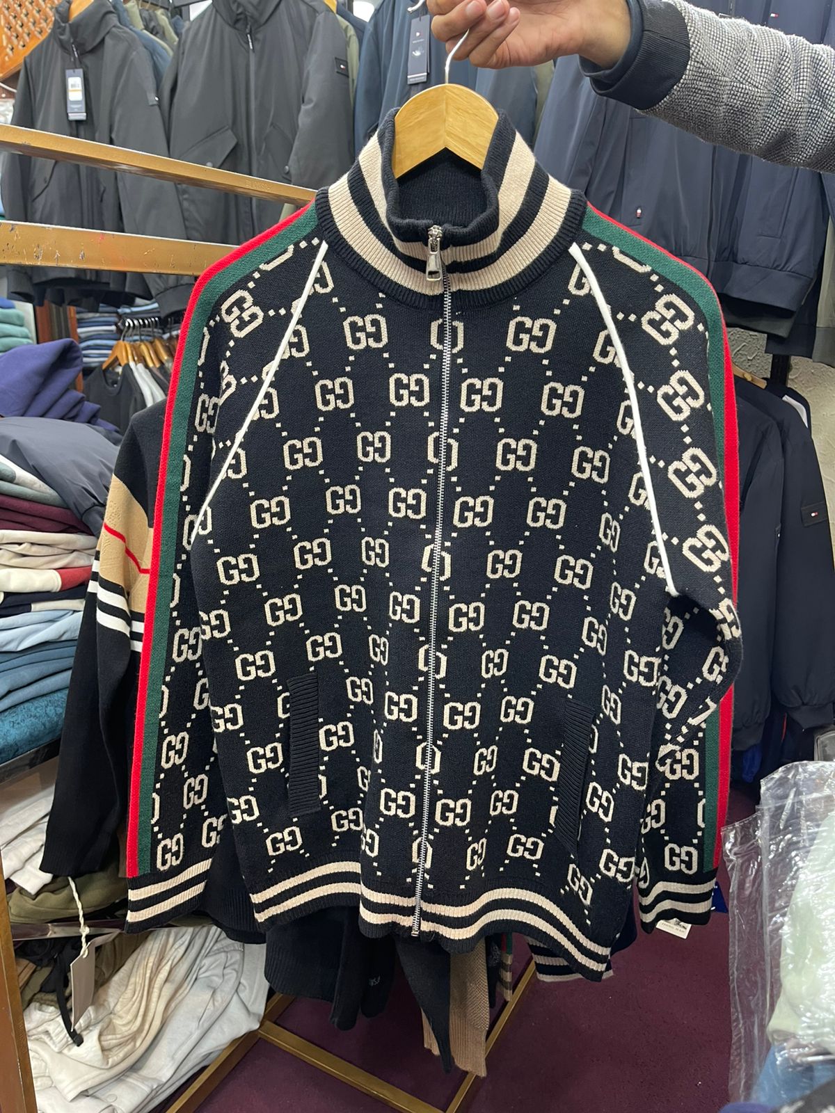 Gucci Printed Sleeve Strip Panel Zipper Sweater